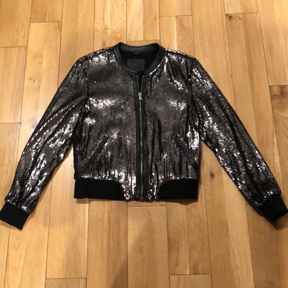 Sequence and leather trim jacket